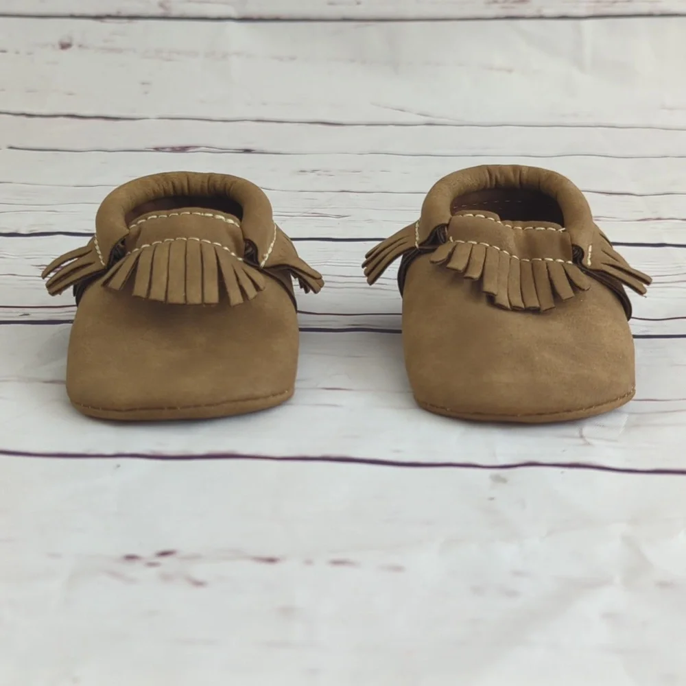 First Steps baby toddler shoes moccasins, two pairs gray & brown, size 2